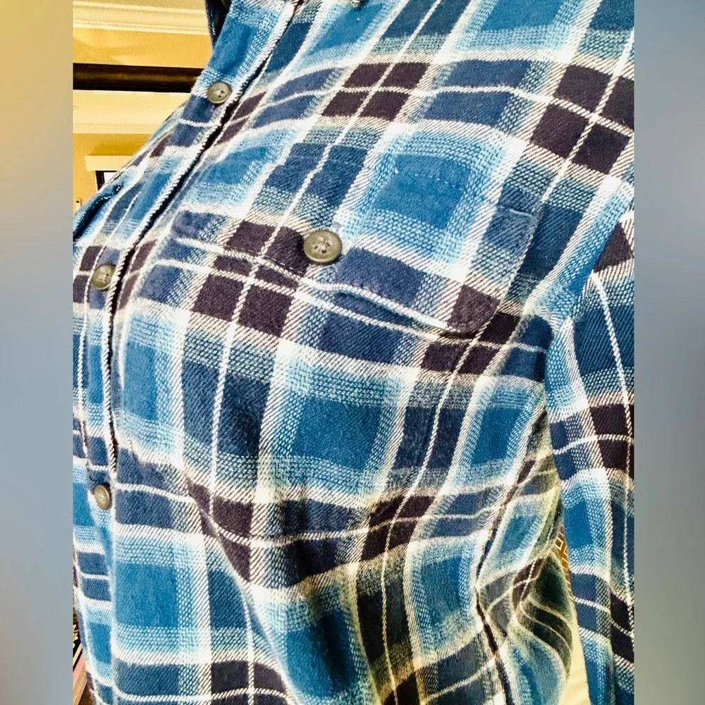 Old Navy Girls Size XL 14/16 Blue Plaid Flannel Shirt Stretch Cotton
